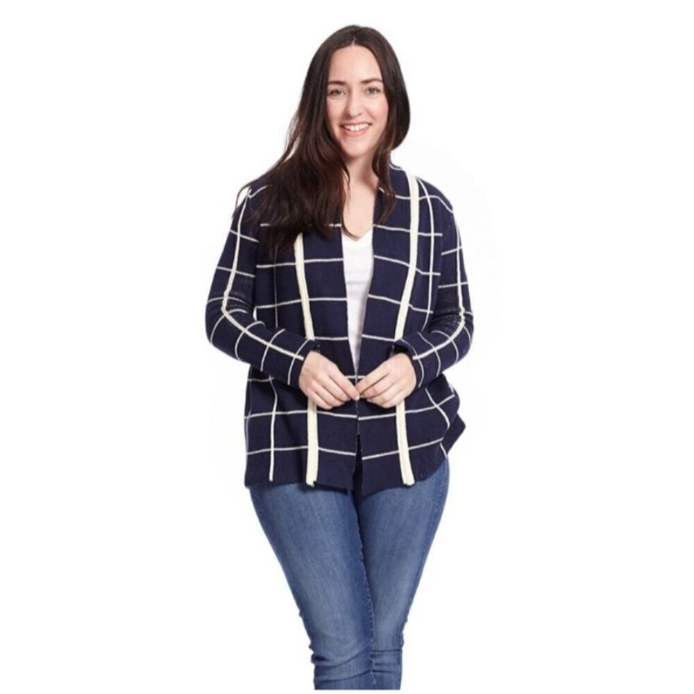 ModCloth Simply Snuggly Plaid Grid Cardigan Navy White Women Size Small Cozy
